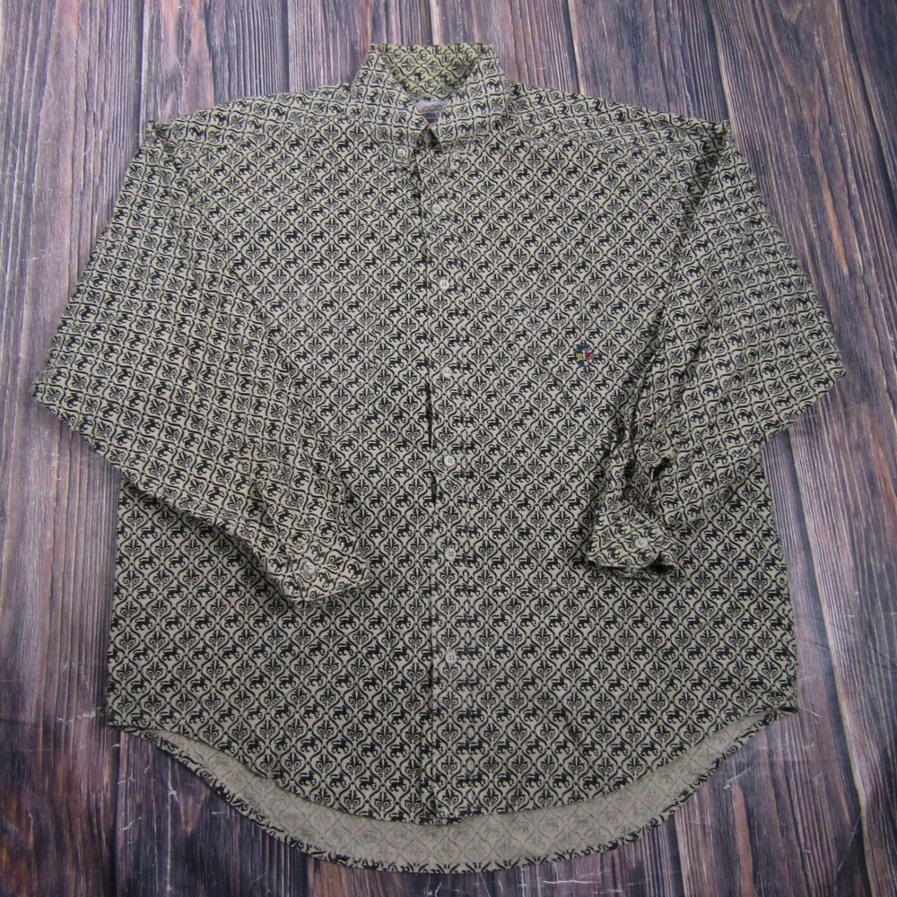Nevada Button Down Shirt Mens XL Tan Black Lion Fleur De Lis Print Cotton 00118